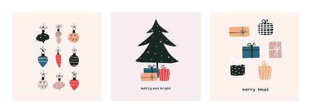 Plantilla de cartel de tarjeta de felicitación de humor navideño. Invitación de vacaciones de Navidad de temporada de invierno de bienvenida. Postal minimalista árbol de navidad, regalos, bolas. Ilustración de vector en estilo plano dibujado a mano