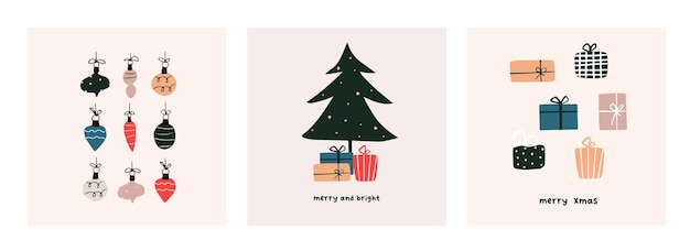 Plantilla de cartel de tarjeta de felicitación de humor navideño. invitación de vacaciones de navidad de temporada de invierno de bienvenida. postal minimalista árbol de navidad, regalos, bolas. ilustración de vector en estilo plano dibujado a mano