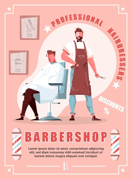Plantilla de cartel vertical de barbería con personaje de peluquero profesional haciendo corte de pelo de moda para cliente masculino plano