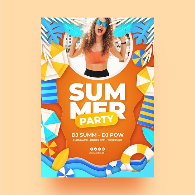Vector plantilla de cartel vertical de fiesta de verano de estilo de papel con foto