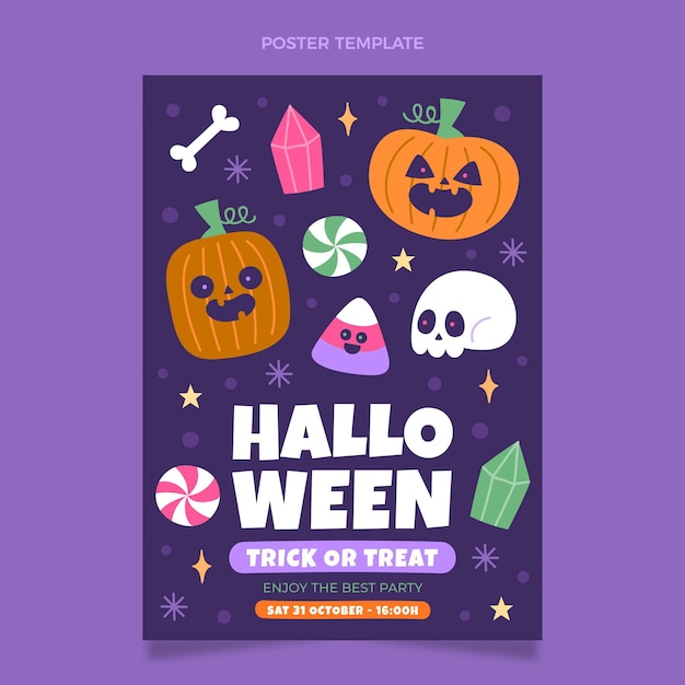 Vector plantilla de cartel vertical de halloween plano dibujado a mano