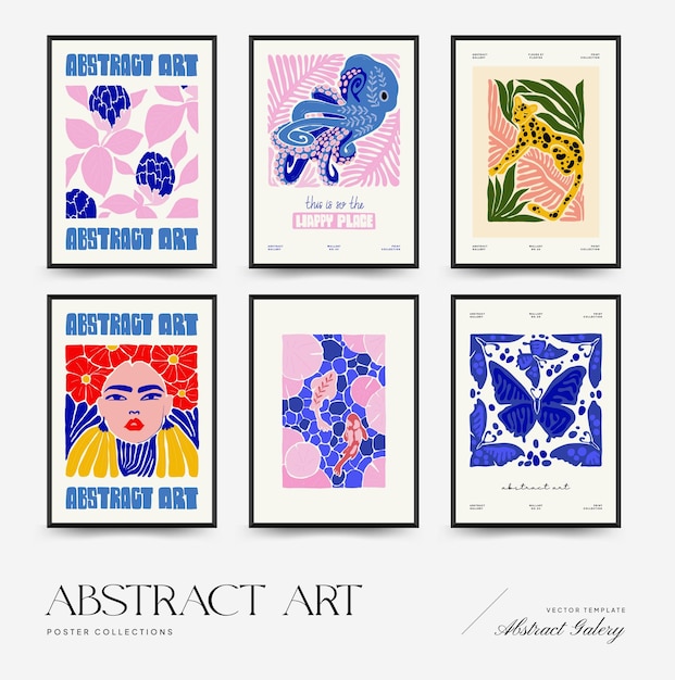 Plantilla de carteles de arte abstracto Moderna moda Matisse estilo minimalista Rosa azul amarillo colores