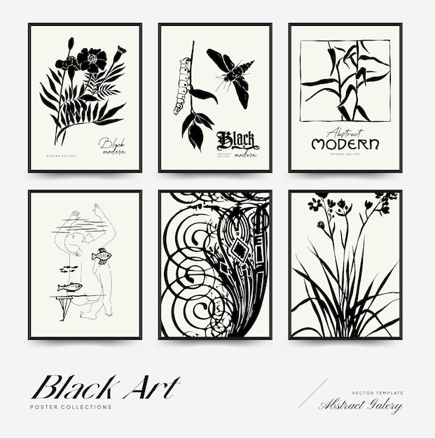 plantilla de carteles florales abstractos moderno botánico de moda estilo negro flores vintage