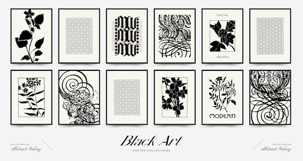 plantilla de carteles florales abstractos moderno botánico de moda estilo negro flores vintage
