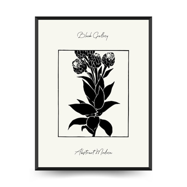 Plantilla de carteles florales abstractos. Moderno estilo botánico negro de moda. Flores antiguas. Arte de pared de tinta