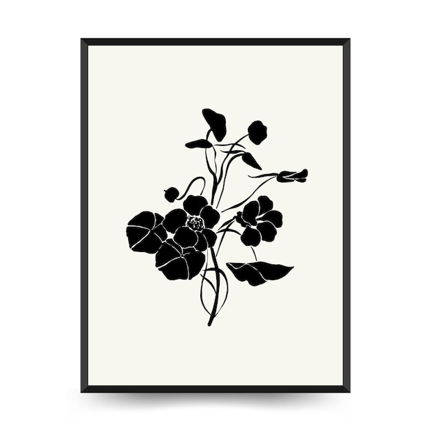 Plantilla de carteles florales abstractos. Moderno estilo botánico negro de moda. Flores antiguas. Arte de pared de tinta