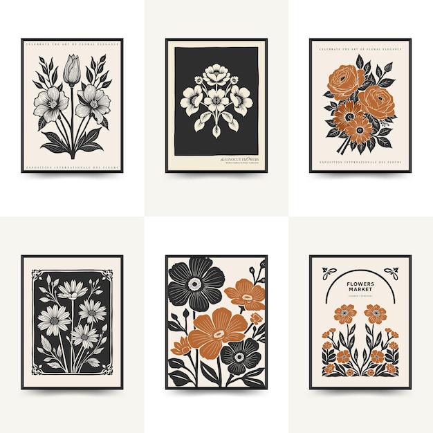 plantilla de carteles florales de linocuto abstracto estilo minimalista moderno de moda colores blanco y negro impresión de bloques botánicos diseño dibujado a mano para papel tapiz decoración de pared impresión plantilla de portada de tarjeta postal