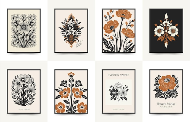 plantilla de carteles florales de linocuto abstracto estilo minimalista moderno de moda colores blanco y negro impresión de bloques botánicos diseño dibujado a mano para papel tapiz decoración de pared impresión plantilla de portada de tarjeta postal