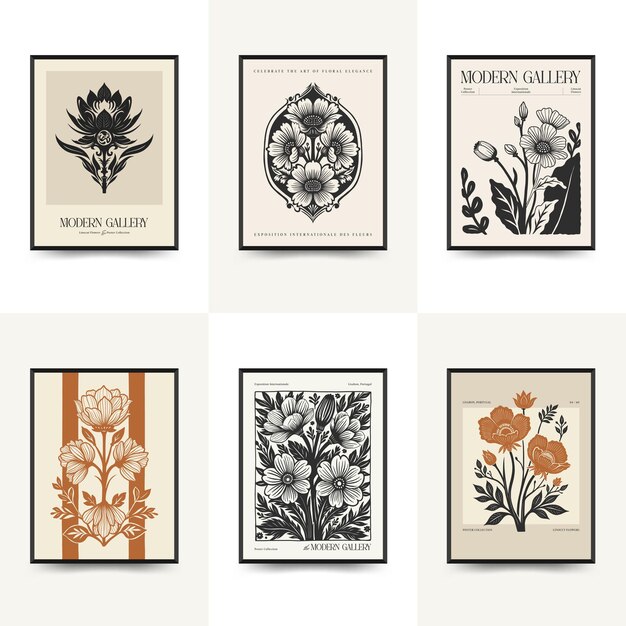 plantilla de carteles florales de linocuto abstracto estilo minimalista moderno de moda colores blanco y negro impresión de bloques botánicos diseño dibujado a mano para papel tapiz decoración de pared impresión plantilla de portada de tarjeta postal