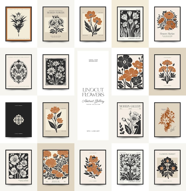 plantilla de carteles florales de linocuto abstracto estilo minimalista moderno de moda colores blanco y negro impresión de bloques botánicos diseño dibujado a mano para papel tapiz decoración de pared impresión plantilla de portada de tarjeta postal
