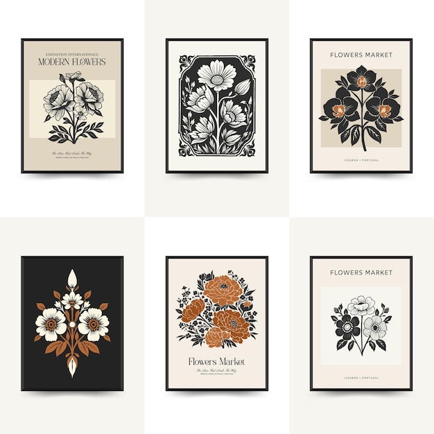 plantilla de carteles florales de linocuto abstracto estilo minimalista moderno de moda colores blanco y negro impresión de bloques botánicos diseño dibujado a mano para papel tapiz decoración de pared impresión plantilla de portada de tarjeta postal