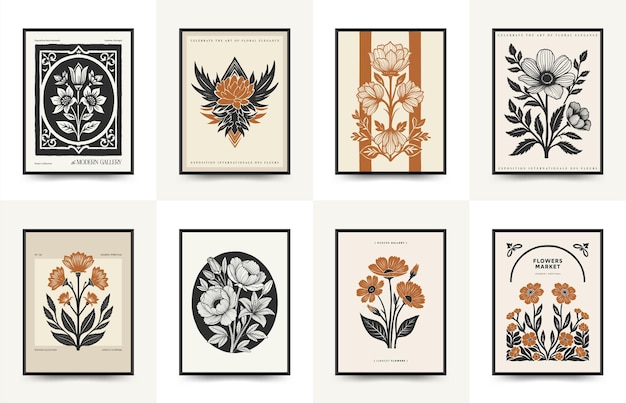 plantilla de carteles florales de linocuto abstracto estilo minimalista moderno de moda colores blanco y negro impresión de bloques botánicos diseño dibujado a mano para papel tapiz decoración de pared impresión plantilla de portada de tarjeta postal
