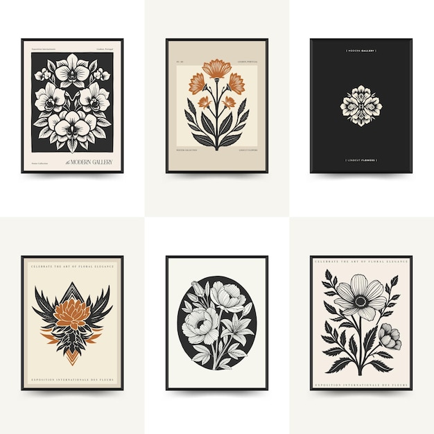 plantilla de carteles florales de linocuto abstracto estilo minimalista moderno de moda colores blanco y negro impresión de bloques botánicos diseño dibujado a mano para papel tapiz decoración de pared impresión plantilla de portada de tarjeta postal