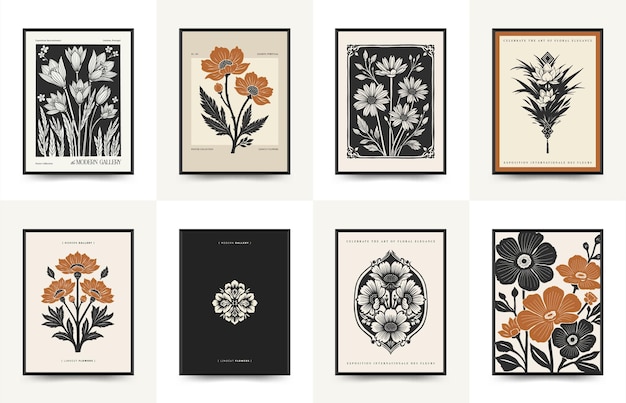 plantilla de carteles florales de linocuto abstracto estilo minimalista moderno de moda colores blanco y negro impresión de bloques botánicos diseño dibujado a mano para papel tapiz decoración de pared impresión plantilla de portada de tarjeta postal