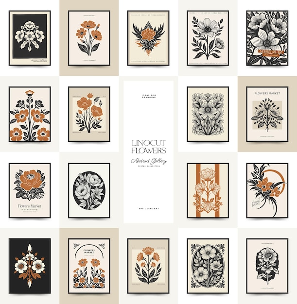 plantilla de carteles florales de linocuto abstracto estilo minimalista moderno de moda colores blanco y negro impresión de bloques botánicos diseño dibujado a mano para papel tapiz decoración de pared impresión plantilla de portada de tarjeta postal
