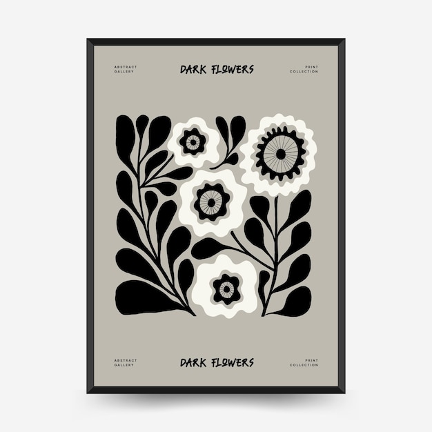 Plantilla de carteles florales oscuros abstractos estilo minimalista moderno de moda de matisse colores blanco y negro