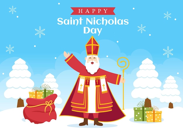 Plantilla de celebración del día de san nicolás o sinterklaas ilustración plana de dibujos animados dibujados a mano