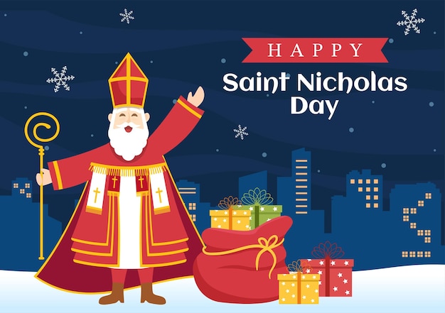 Vector plantilla de celebración del día de san nicolás o sinterklaas ilustración plana de dibujos animados dibujados a mano