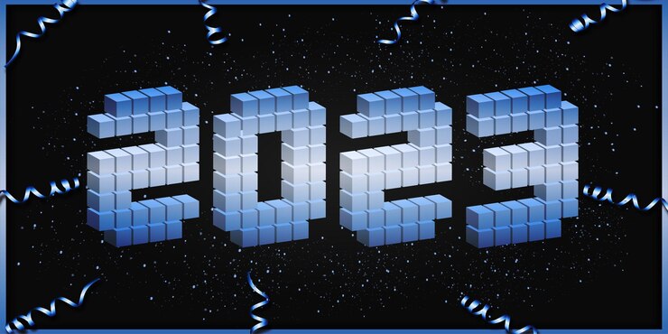 Vector plantilla de celebración de feliz año nuevo 2023 número estilizado forma de cuadros 3d,