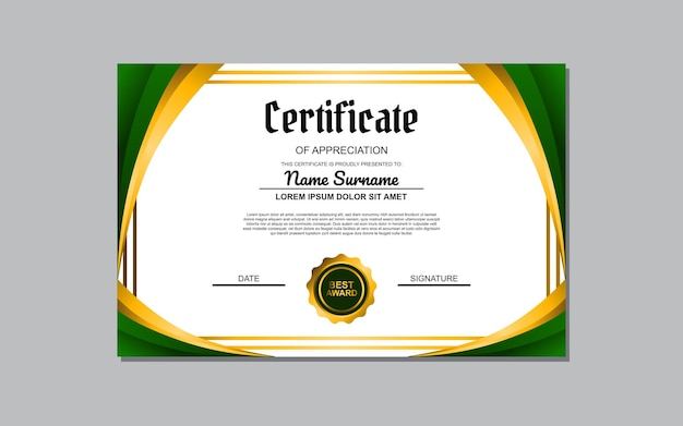 Plantilla de certificado adecuada para premios y reconocimiento con un diseño fresco y vibrante con colores verde y dorado Ideal para certificados académicos, profesionales u organizacionales