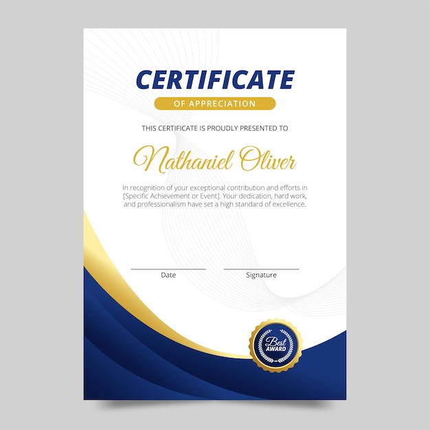 Plantilla de certificado azul con color de combinación dorada para el premio de graduación o logro del diploma