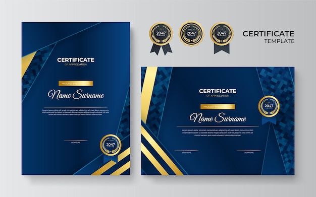 Plantilla de certificado azul moderno y borde para diploma de premio e impresión Plantilla de certificado de logro elegante azul y dorado con insignia dorada y borde