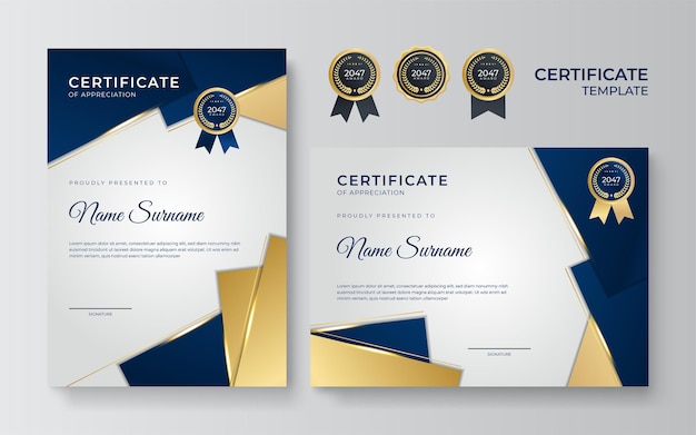 Plantilla de certificado azul y oro. conjunto de dos plantillas de diploma o premio de certificado azul moderno, diseño de retrato y paisaje en tamaño a4. adecuado para negocios, educación, premios y más.