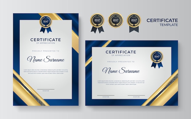 Plantilla de certificado azul y oro. Conjunto de dos plantillas de diploma o premio de certificado azul moderno, diseño de retrato y paisaje en tamaño A4. Adecuado para negocios, educación, premios y más.