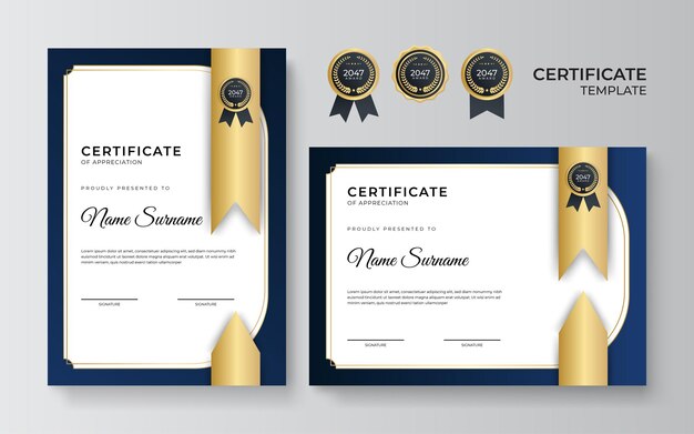 Plantilla de certificado azul y oro moderno. Plantilla de borde de certificado de diploma con insignias para premios, negocios y educación