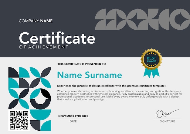 plantilla de certificado de color azul y gris con diseño abstracto