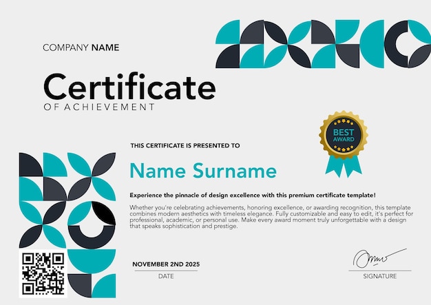 plantilla de certificado de color azul y gris con diseño abstracto