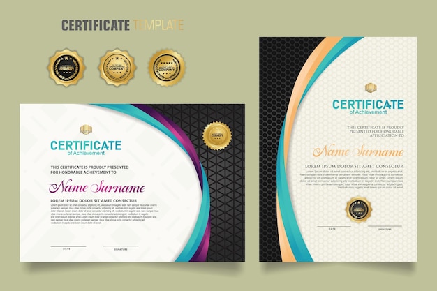 plantilla de certificado con colores dinámicos y atractivos en ornamento en forma de línea curva