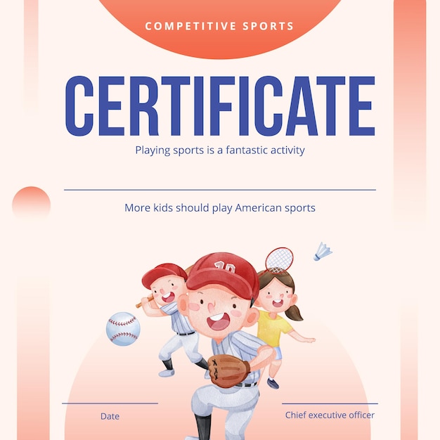 Plantilla de certificado con concepto de niños deportivos estadounidenses estilo acuarela