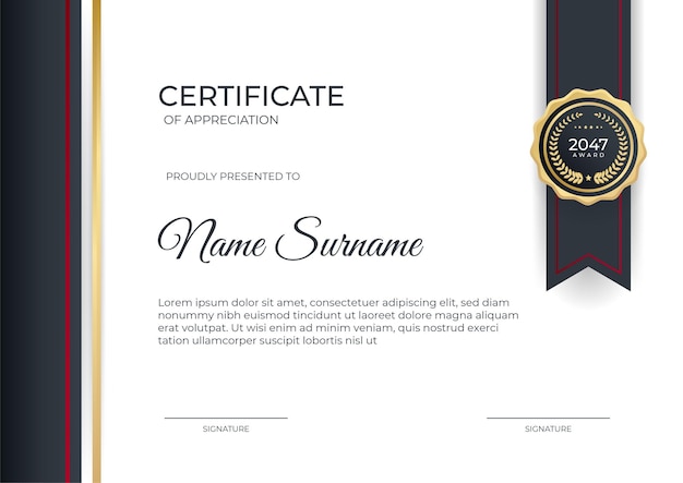 Plantilla de certificado corporativo de logros con combinación de colores rojo y dorado