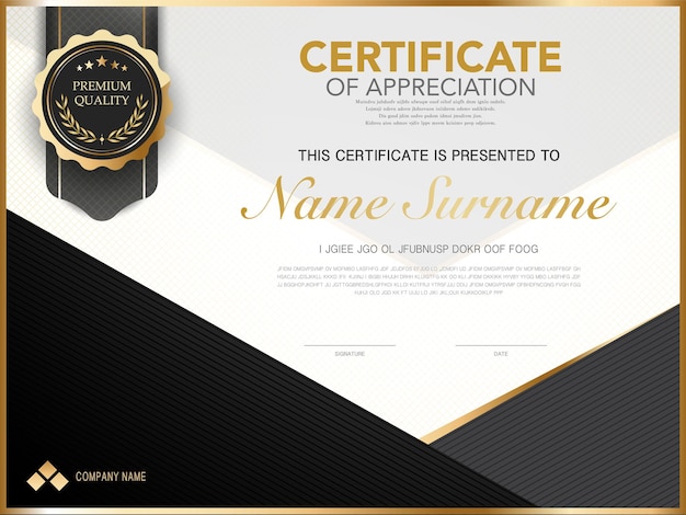 Plantilla de certificado de diploma de color negro y dorado con imagen vectorial de lujo y estilo moderno, adecuada para la apreciación. ilustración vectorial.