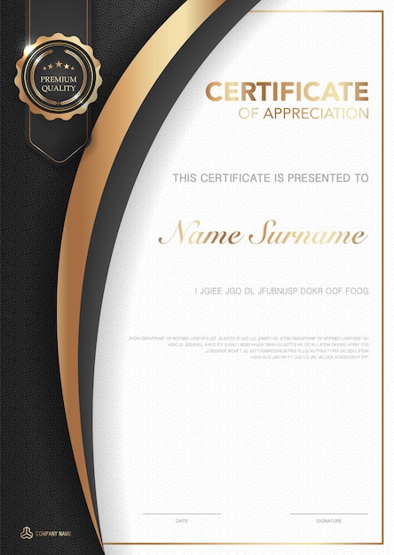 Plantilla de certificado de diploma en color negro y dorado con imagen vectorial de lujo y estilo moderno