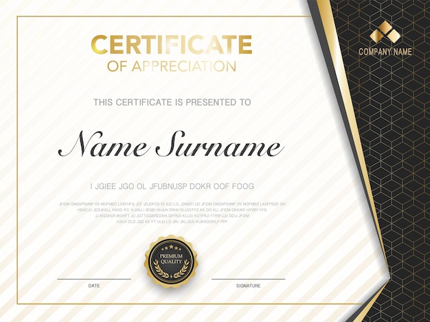 Vector plantilla de certificado de diploma color negro y dorado con imagen vectorial de lujo y estilo moderno