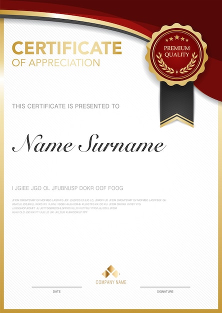 Plantilla de certificado de diploma de color rojo y dorado con imagen vectorial de lujo y estilo moderno adecuada