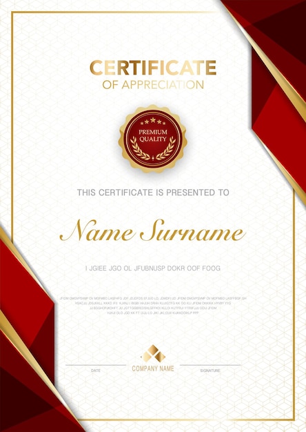 Plantilla de certificado de diploma de color rojo y dorado con imagen vectorial de lujo y estilo moderno adecuada