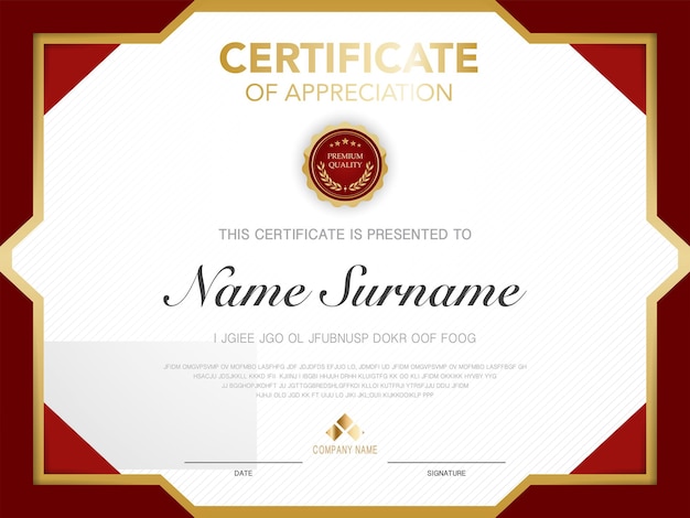 Plantilla de certificado de diploma de color rojo y dorado con imagen vectorial de lujo y estilo moderno.