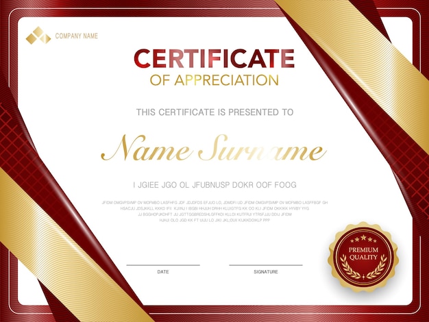 Plantilla de certificado de diploma de color rojo y dorado con imagen vectorial de lujo y estilo moderno