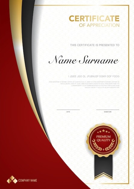 Plantilla de certificado de diploma de color rojo y dorado con imagen vectorial de lujo y estilo moderno