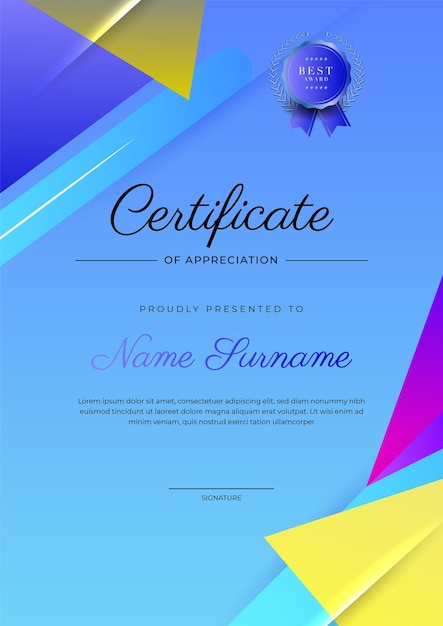 Plantilla de certificado de diploma colorido elegante moderno certificado de plantilla de borde de logro con insignia de lujo y patrón de línea moderno para las necesidades de negocios y educación de premios
