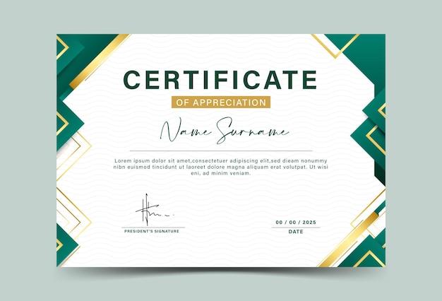 Plantilla de certificado Diploma de diseño moderno o certificado de regalo elemento verde oscuro y dorado