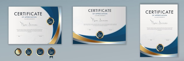 Plantilla Certificado Diploma logro desplazamiento elegante lujo editable azul y doradoResumen