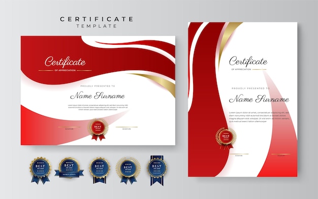 Plantilla de certificado de diploma de oro y rojo oscuro elegante moderno Plantilla de certificado de logro con insignia de oro y borde