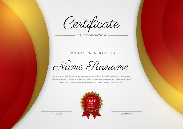 Plantilla de certificado de diploma rojo y dorado elegante moderno