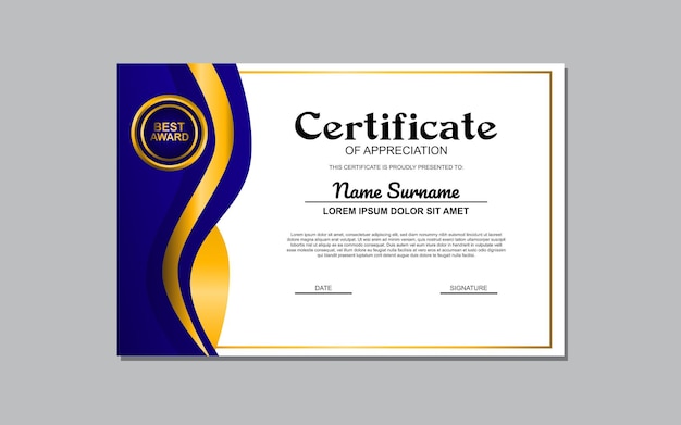 La Plantilla de Certificado con Diseño Azul y Dorado es un diseño elegante y personalizable adecuado para crear certificados o premios formales con un toque de sofisticación.