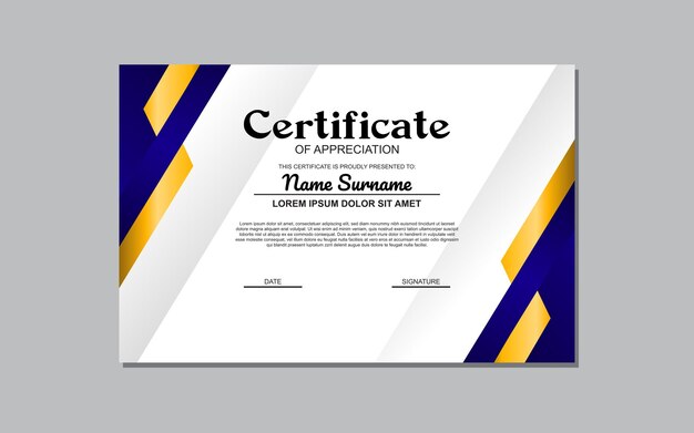 La Plantilla de Certificado con Diseño Azul y Dorado es un diseño elegante y personalizable adecuado para crear certificados o premios formales con un toque de sofisticación.