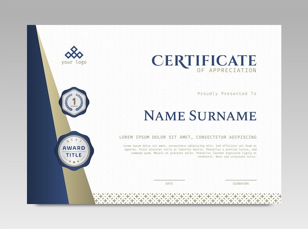 Plantilla de certificado de diseño moderno con simple elegante y lujoso en tamaño A4 horizontal